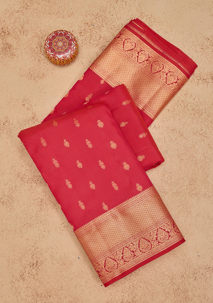 Rani Pink Silk Buti Gold Zariwork Saree With Matching Blouse Piece