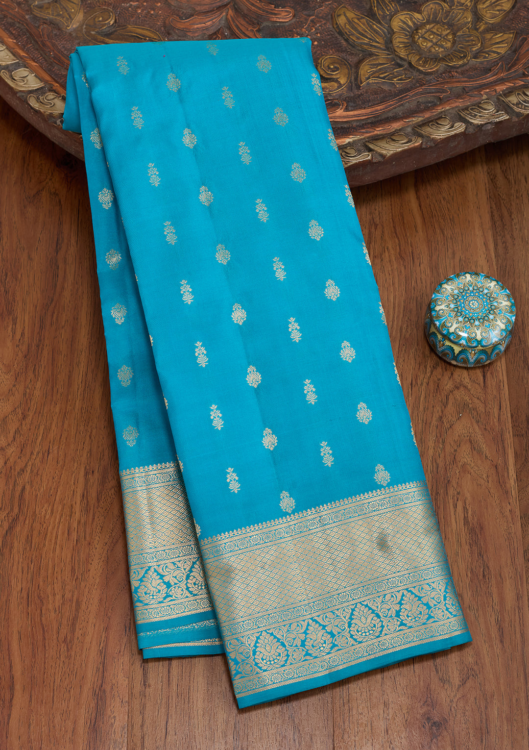 Turquoise Blue Silk Buti Gold Zariwork Saree With Matching Blouse Piece