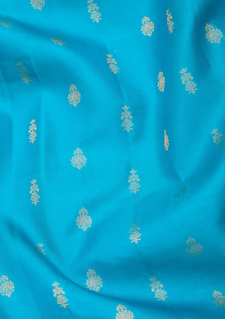 Turquoise Blue Silk Buti Gold Zariwork Saree With Matching Blouse Piece