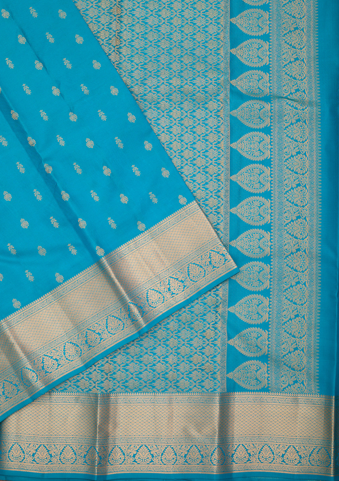 Turquoise Blue Silk Buti Gold Zariwork Saree With Matching Blouse Piece