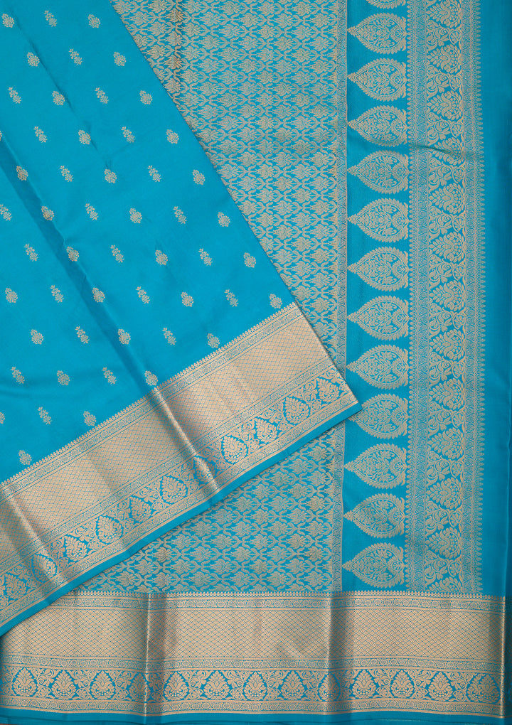Turquoise Blue Silk Buti Gold Zariwork Saree With Matching Blouse Piece