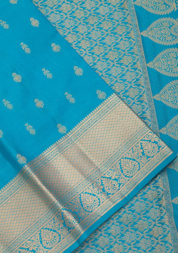 Turquoise Blue Silk Buti Gold Zariwork Saree With Matching Blouse Piece