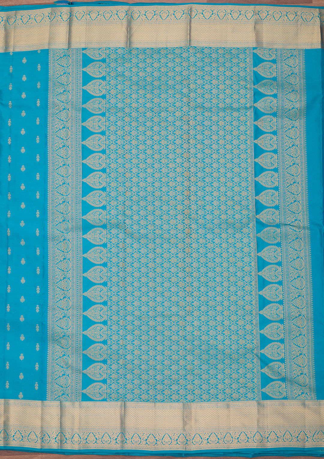Turquoise Blue Silk Buti Gold Zariwork Saree With Matching Blouse Piece