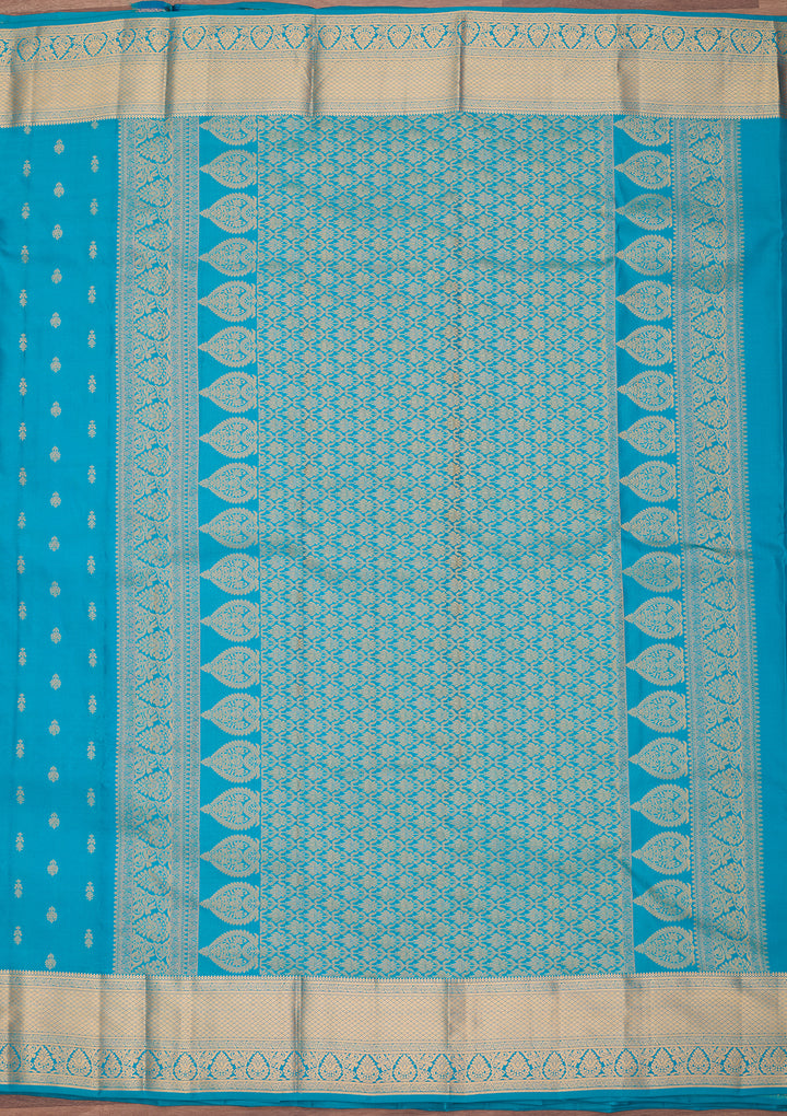 Turquoise Blue Silk Buti Gold Zariwork Saree With Matching Blouse Piece