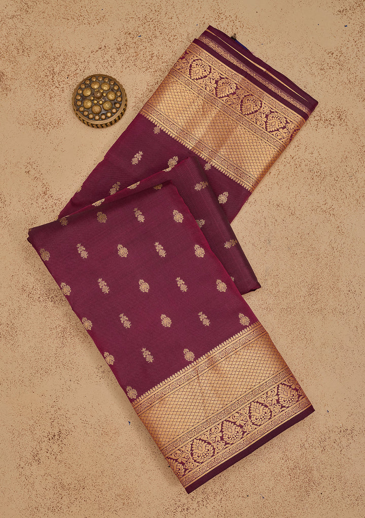 Wine Silk Buti Gold Zariwork Saree With Matching Blouse Piece