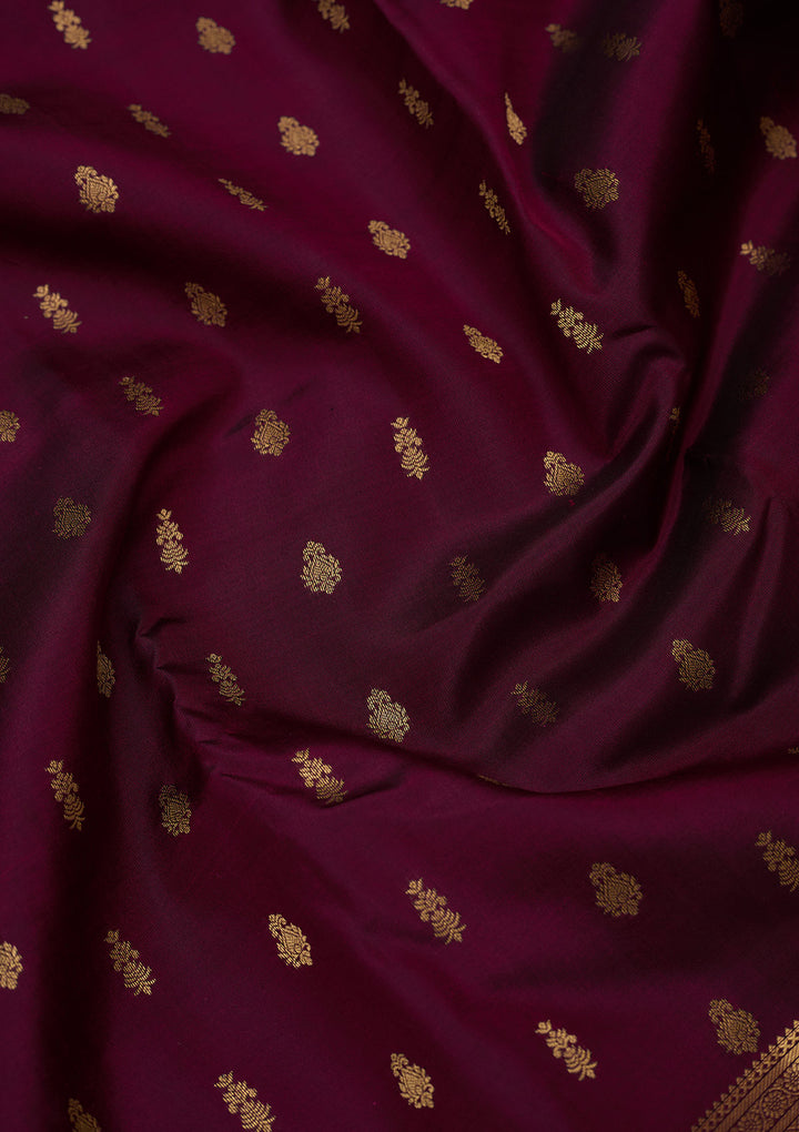 Wine Silk Buti Gold Zariwork Saree With Matching Blouse Piece