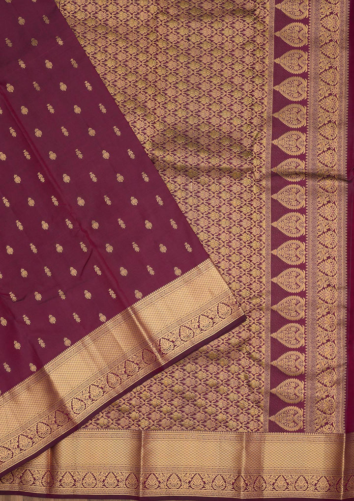 Wine Silk Buti Gold Zariwork Saree With Matching Blouse Piece