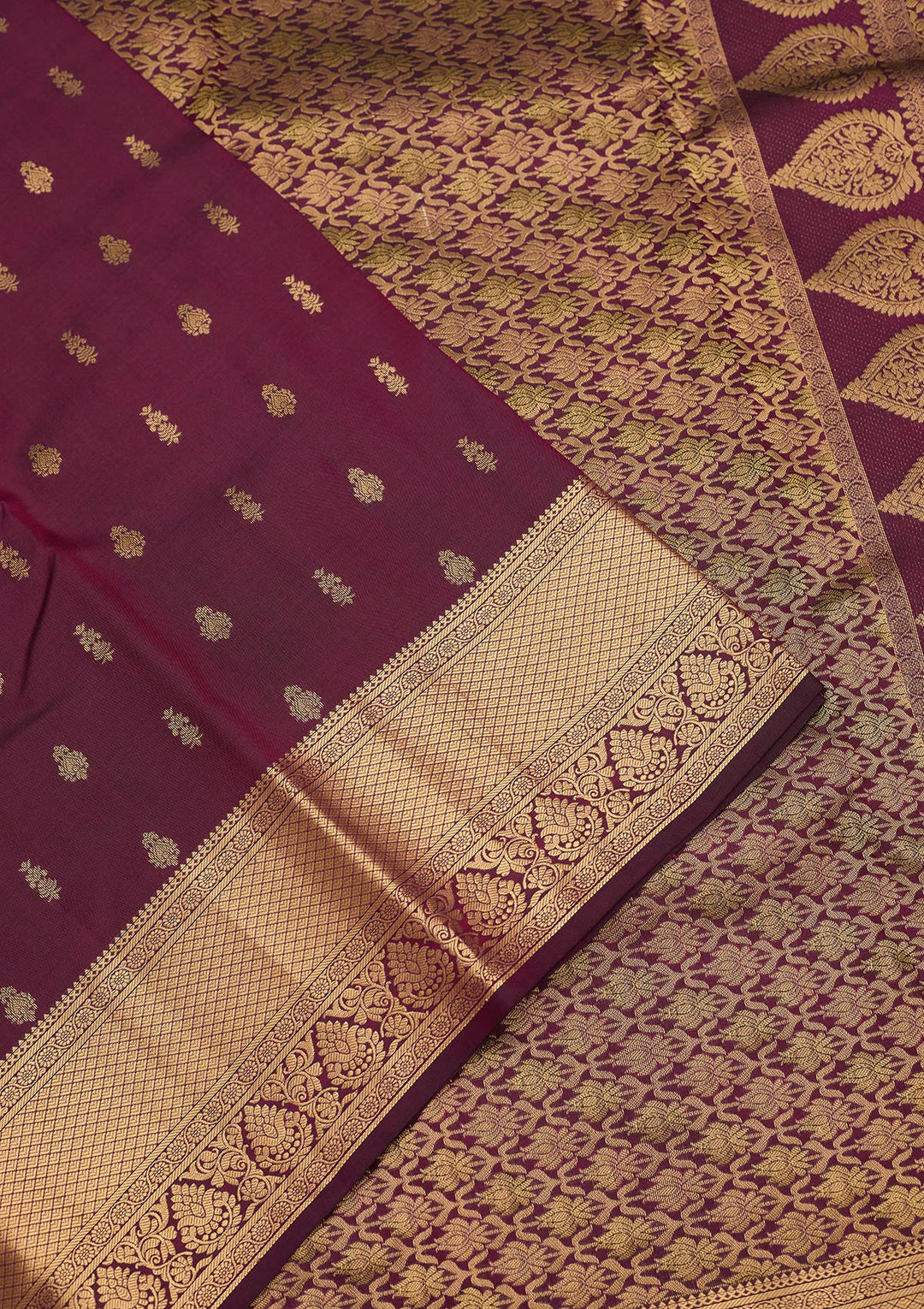 Wine Silk Buti Gold Zariwork Saree With Matching Blouse Piece