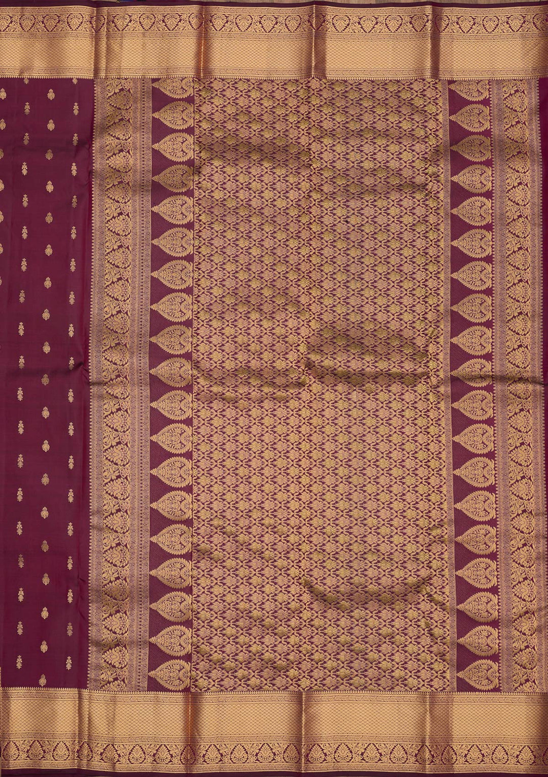 Wine Silk Buti Gold Zariwork Saree With Matching Blouse Piece