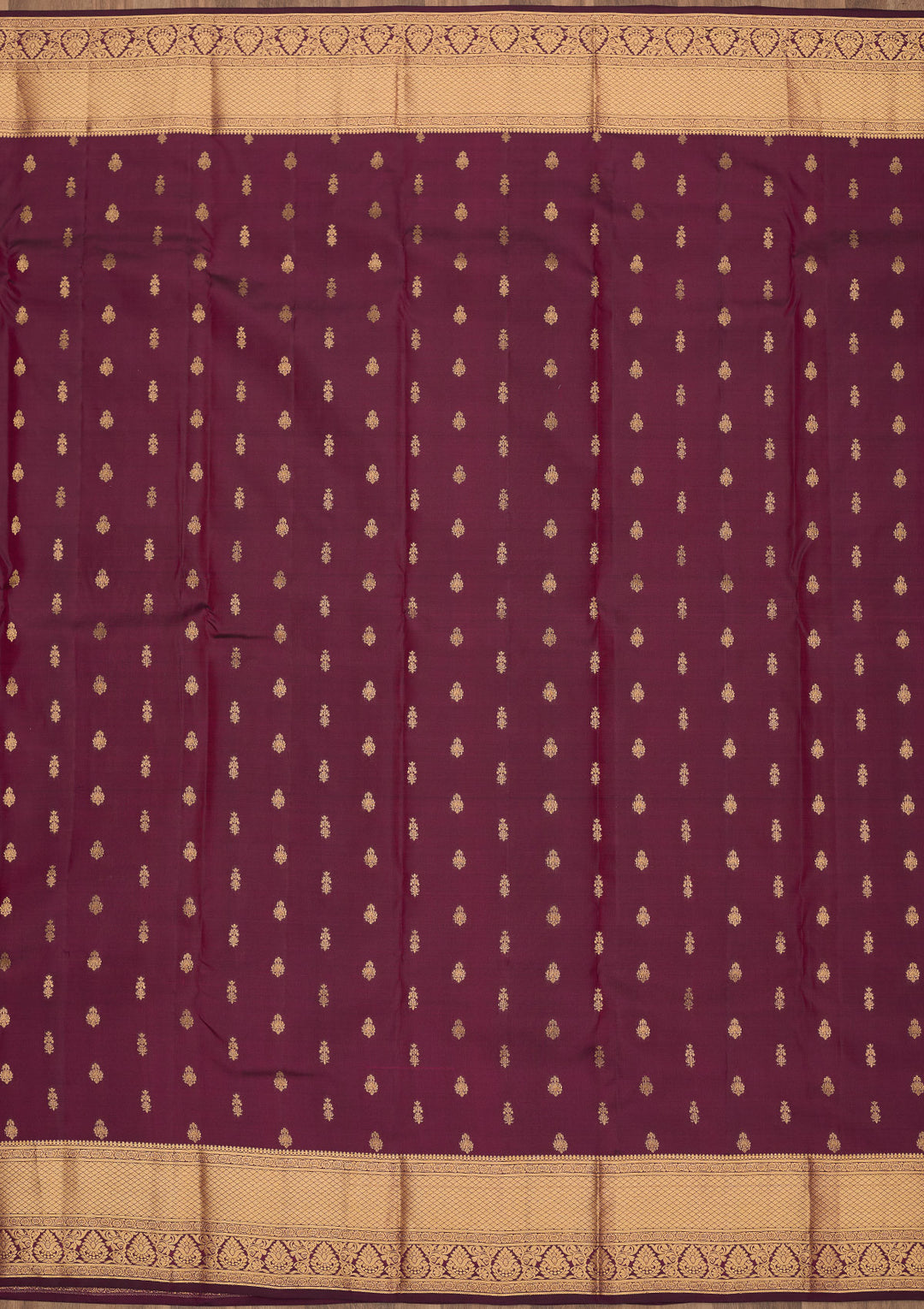 Wine Silk Buti Gold Zariwork Saree With Matching Blouse Piece