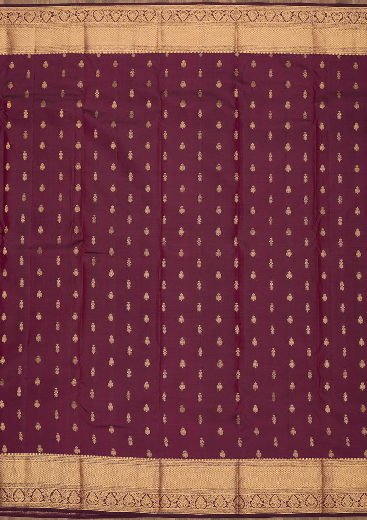 Wine Silk Buti Gold Zariwork Saree With Matching Blouse Piece