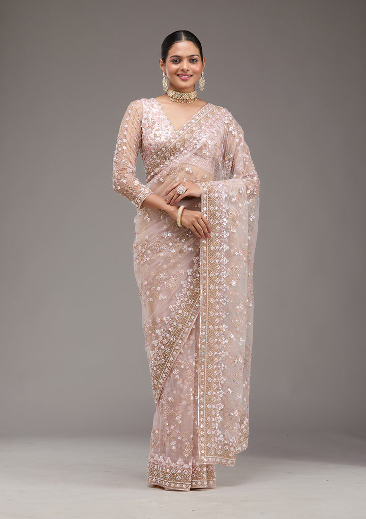 Baby Pink Sequins Net Saree