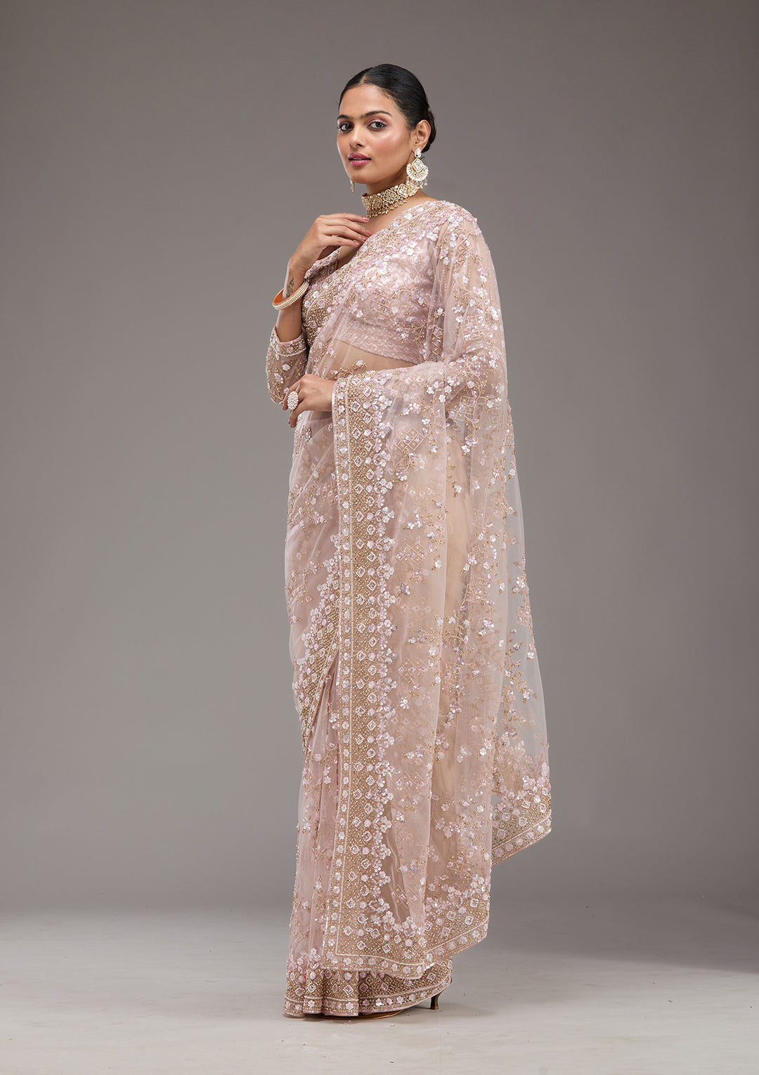 Baby Pink Sequins Net Saree