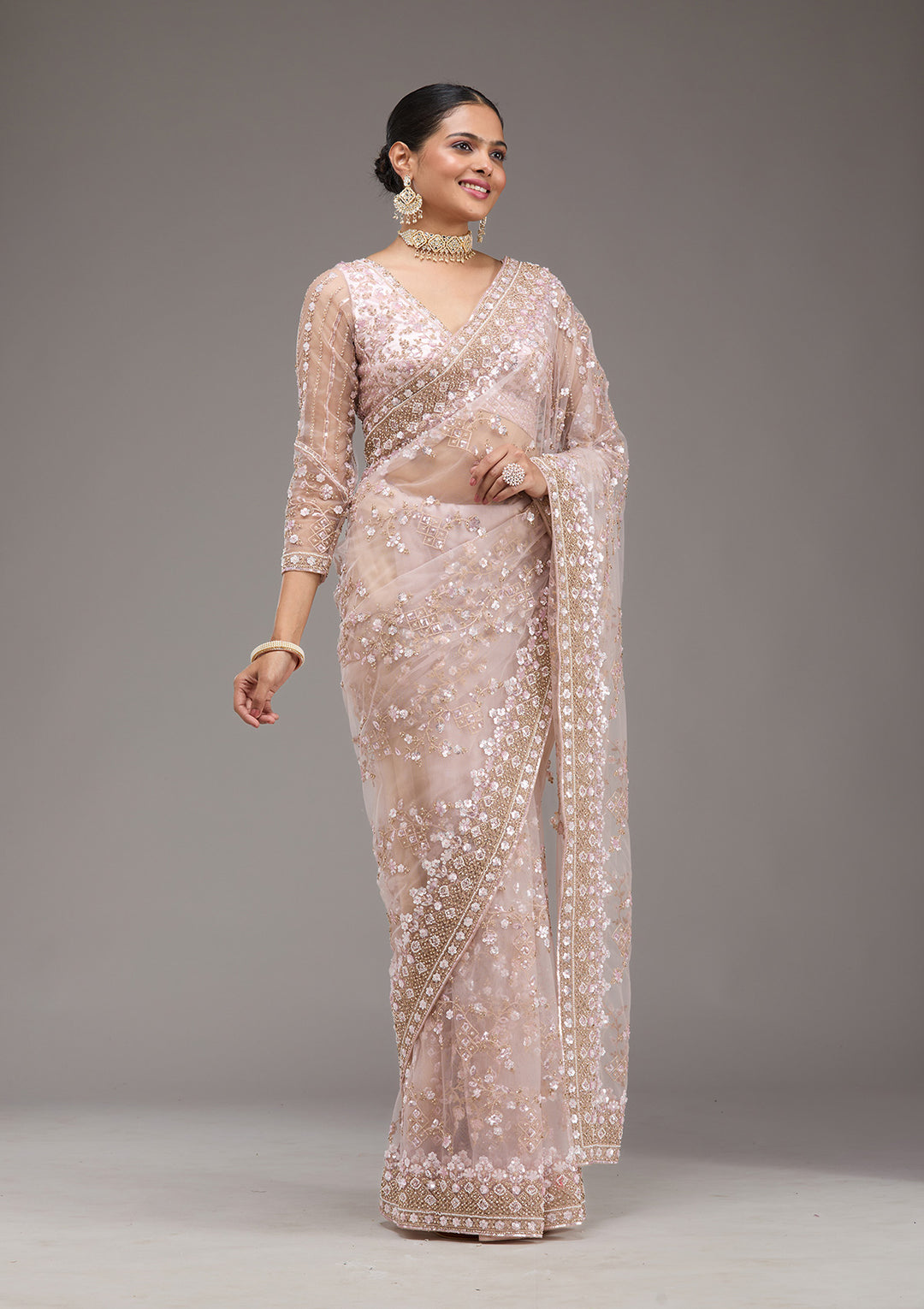 Baby Pink Sequins Net Saree
