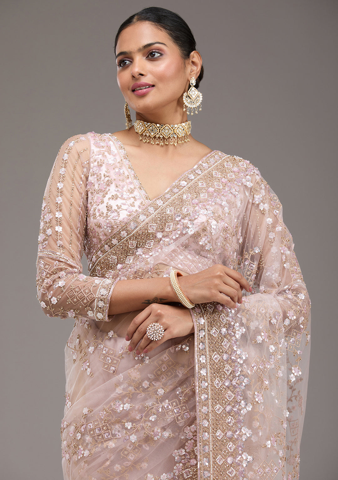 Baby Pink Sequins Net Saree