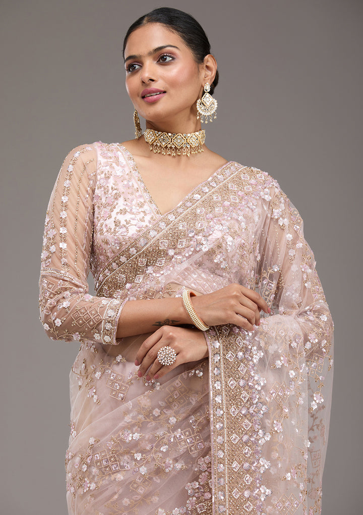Baby Pink Sequins Net Saree