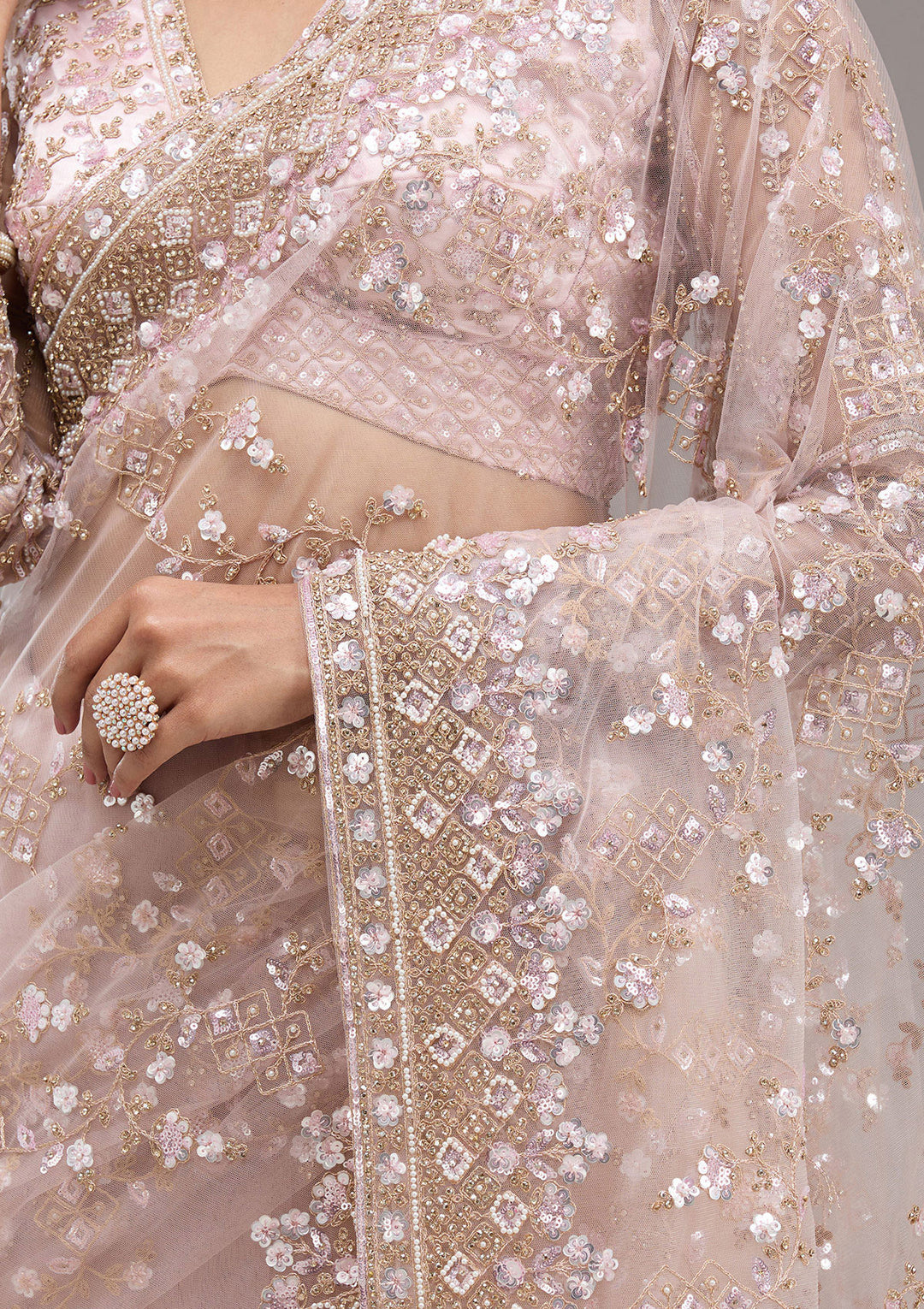 Baby Pink Sequins Net Saree