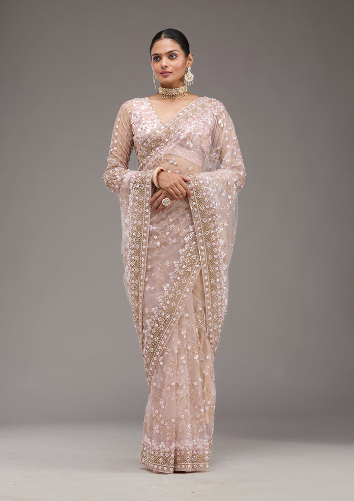 Baby Pink Sequins Net Saree