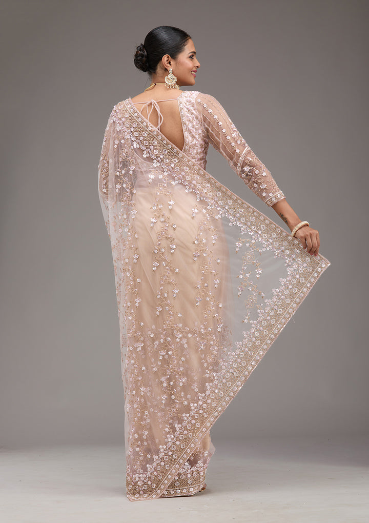 Baby Pink Sequins Net Saree