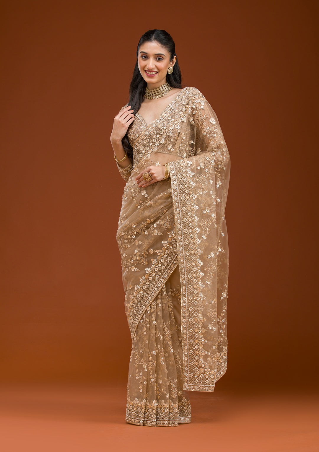 Beige Net Cording Saree With Matching Blouse Piece
