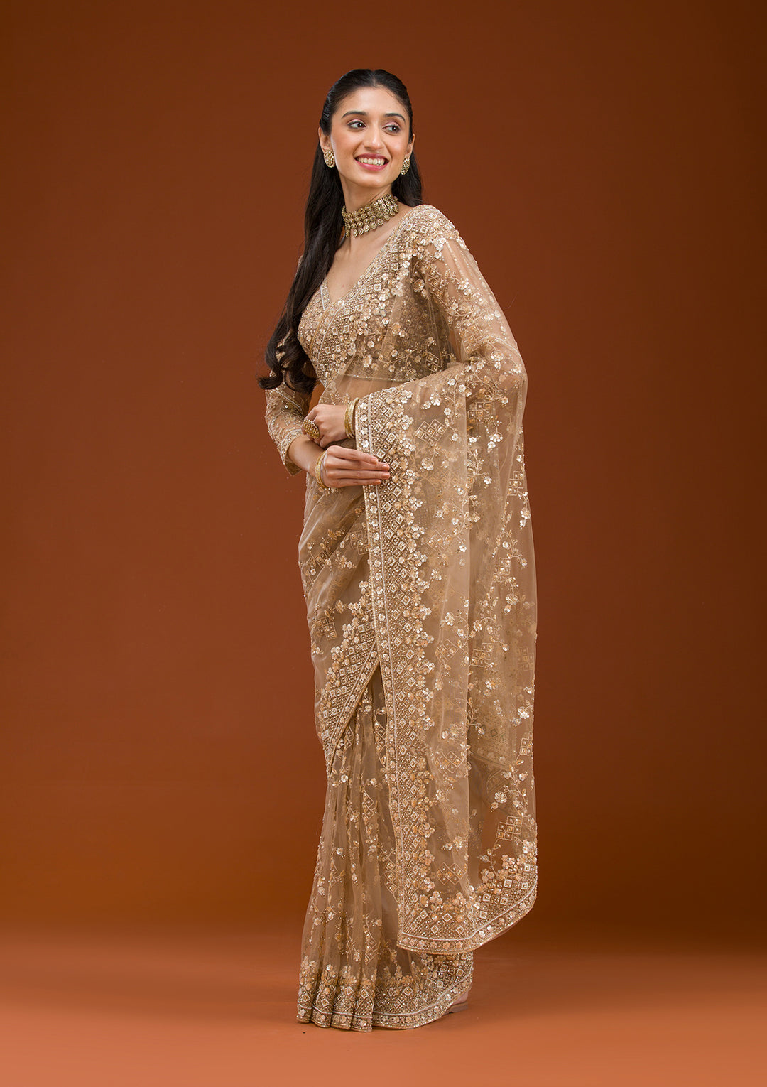 Beige Net Cording Saree With Matching Blouse Piece