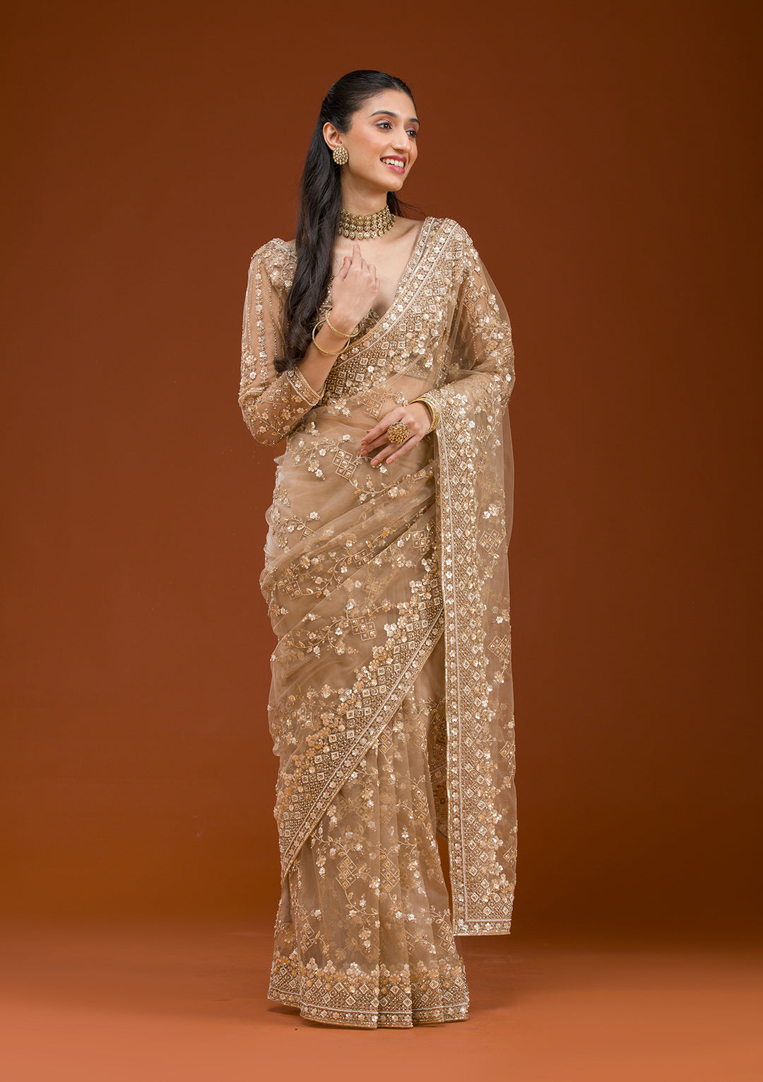 Beige Net Cording Saree With Matching Blouse Piece