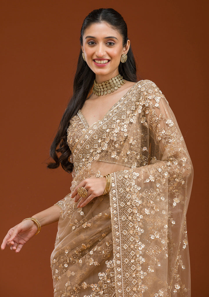 Beige Net Cording Saree With Matching Blouse Piece