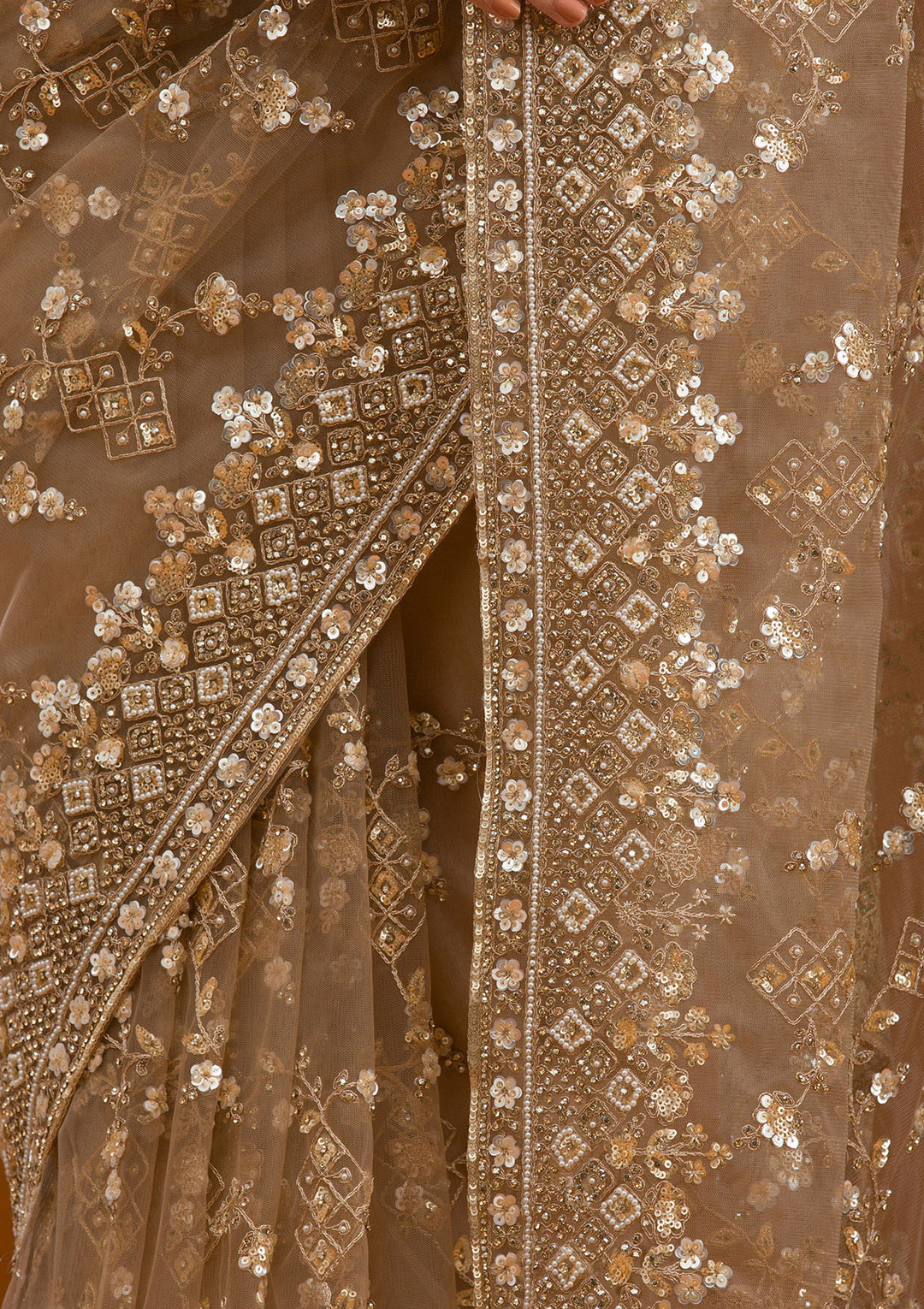 Beige Net Cording Saree With Matching Blouse Piece
