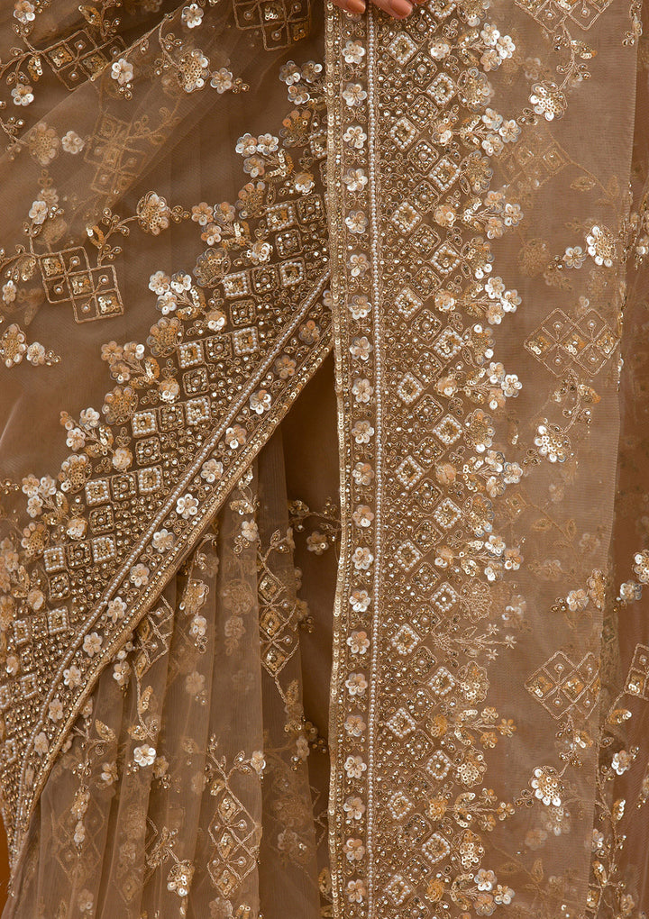 Beige Net Cording Saree With Matching Blouse Piece