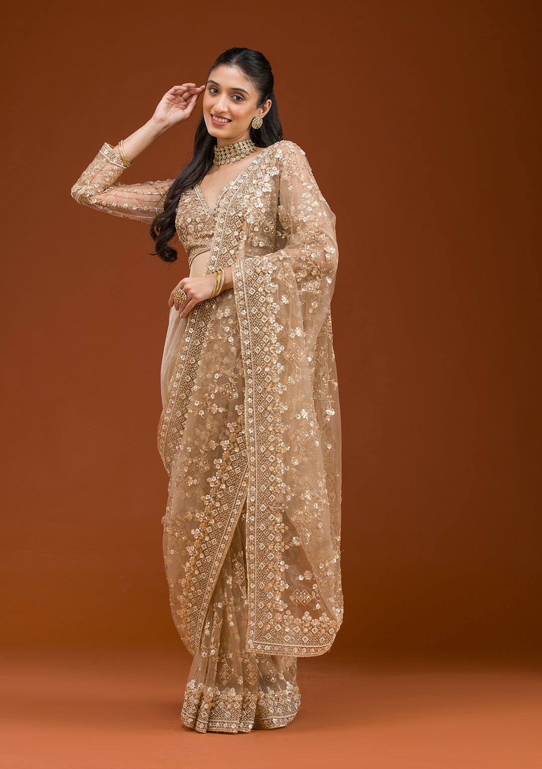 Beige Net Cording Saree With Matching Blouse Piece