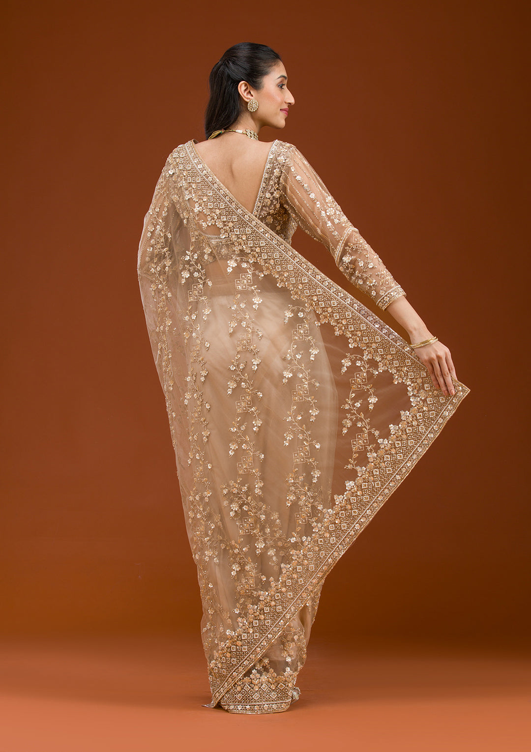 Beige Net Cording Saree With Matching Blouse Piece