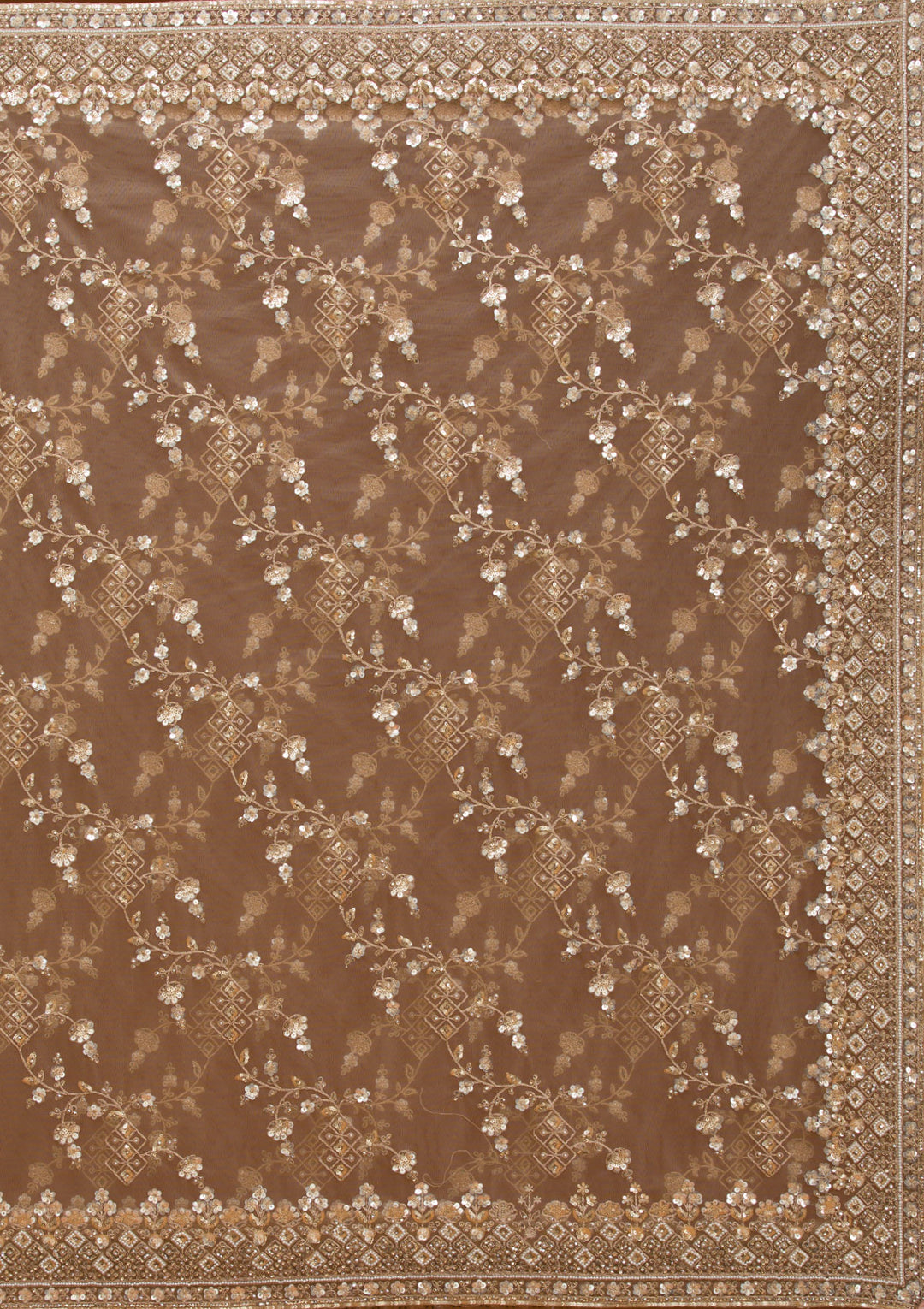 Beige Net Cording Saree With Matching Blouse Piece