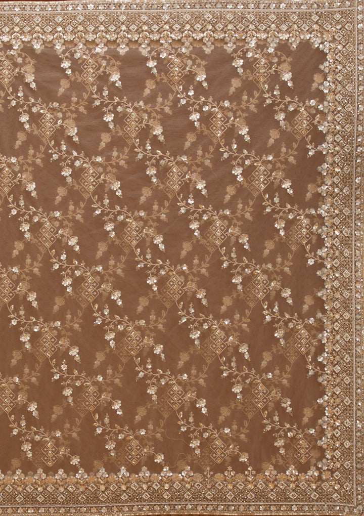 Beige Net Cording Saree With Matching Blouse Piece