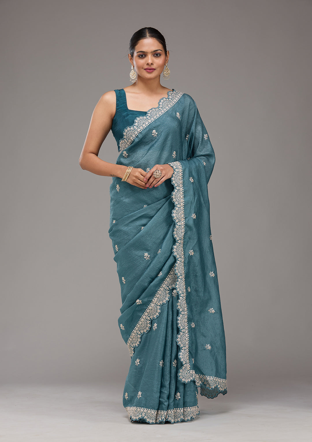 Peacock Blue Crepe Silver Zariwork Saree With Matching Blouse Piece