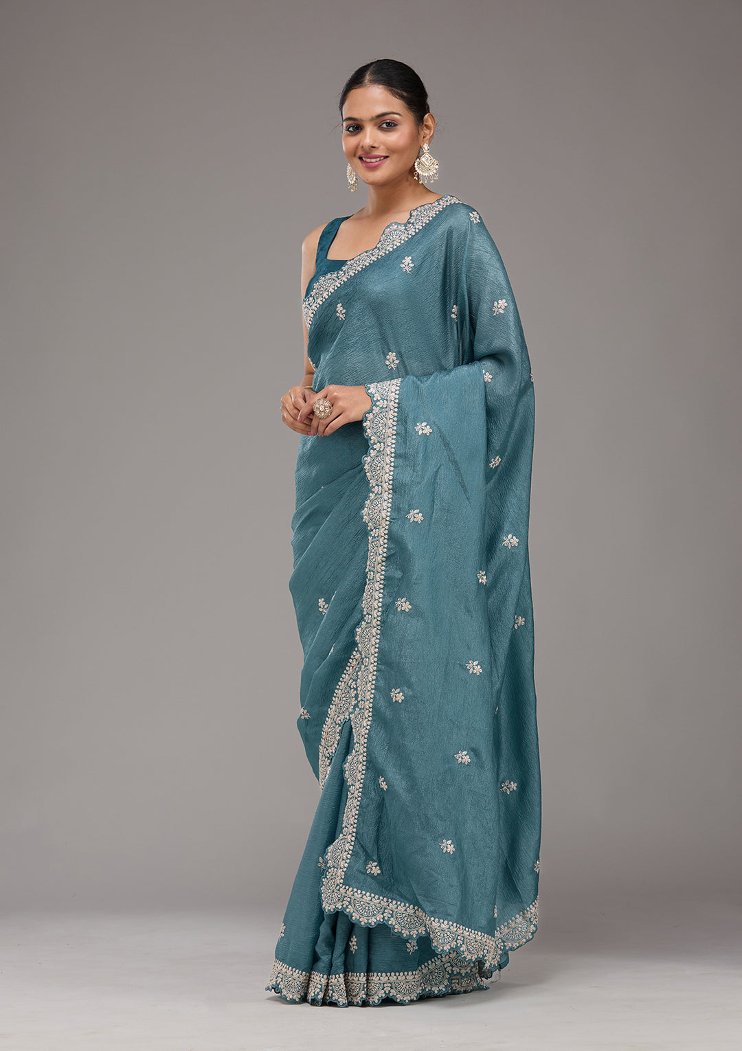 Peacock Blue Crepe Silver Zariwork Saree With Matching Blouse Piece