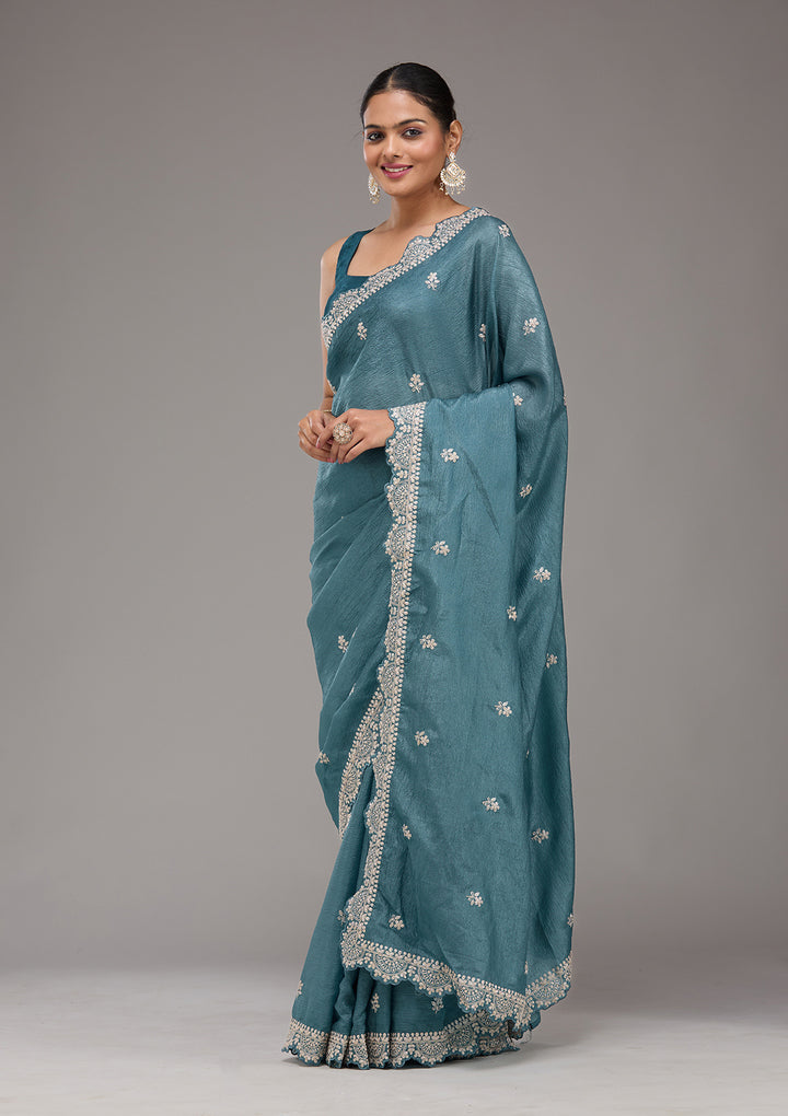 Peacock Blue Crepe Silver Zariwork Saree With Matching Blouse Piece