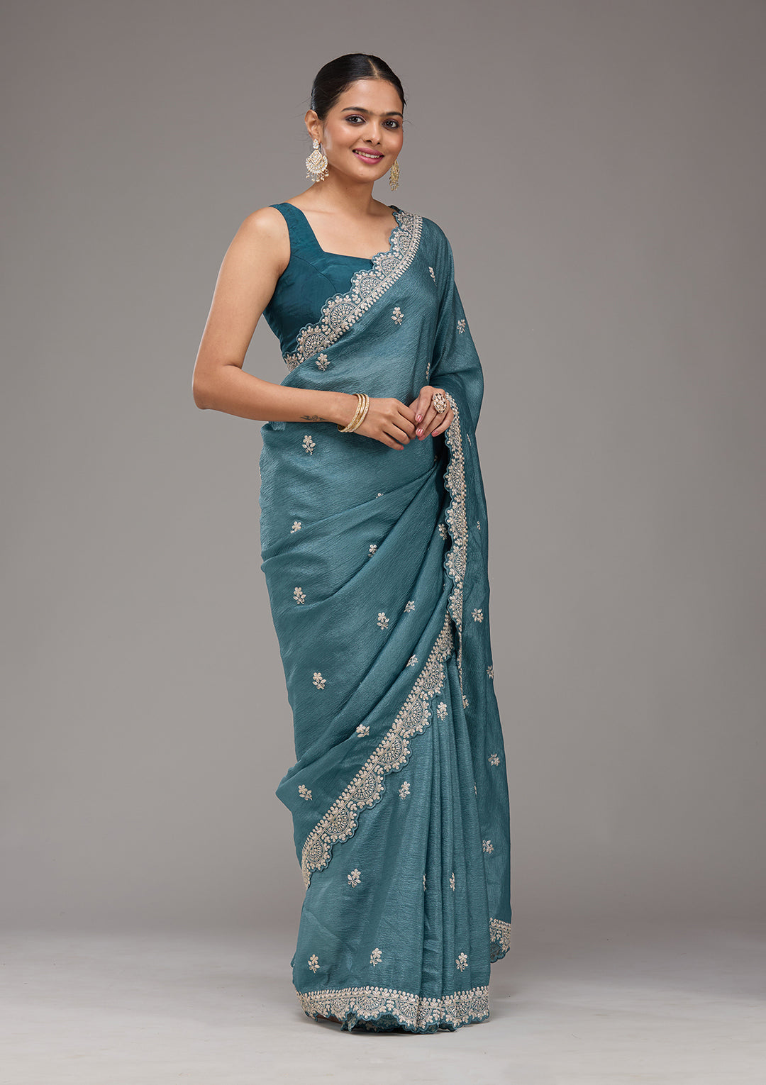 Peacock Blue Crepe Silver Zariwork Saree With Matching Blouse Piece