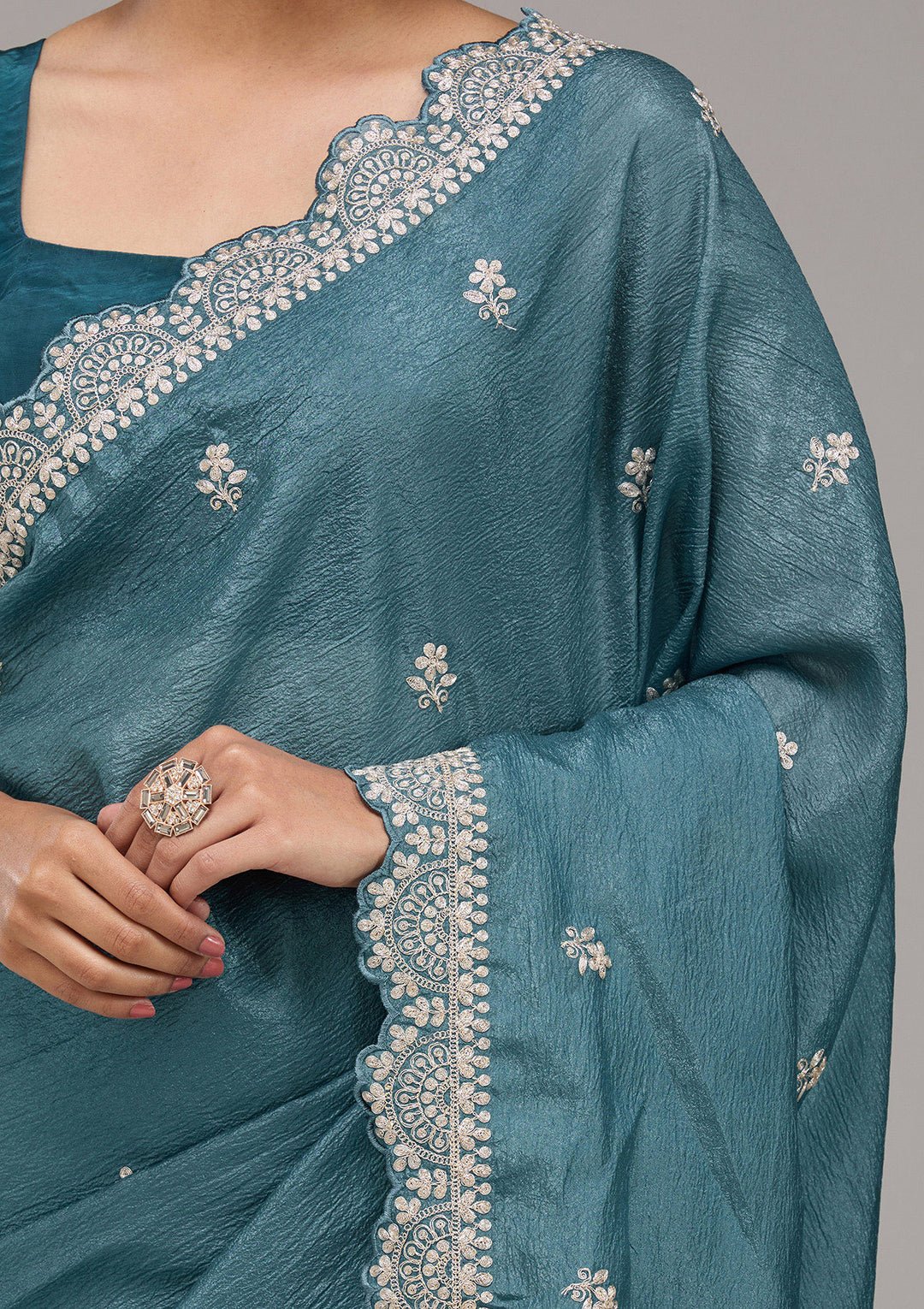 Peacock Blue Crepe Silver Zariwork Saree With Matching Blouse Piece