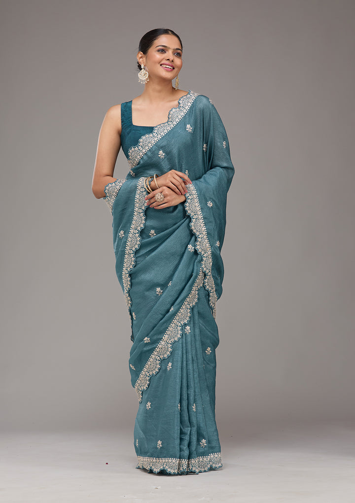 Peacock Blue Crepe Silver Zariwork Saree With Matching Blouse Piece