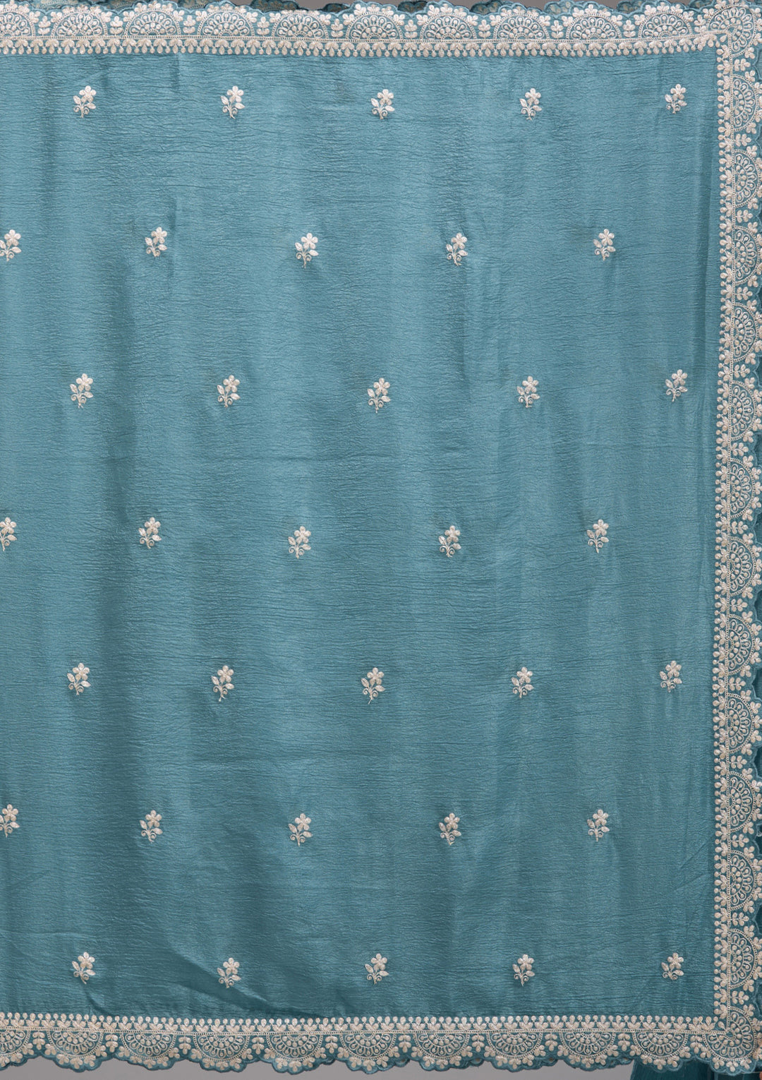 Peacock Blue Crepe Silver Zariwork Saree With Matching Blouse Piece