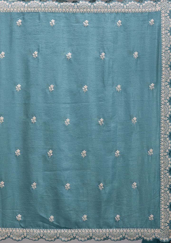 Peacock Blue Crepe Silver Zariwork Saree With Matching Blouse Piece