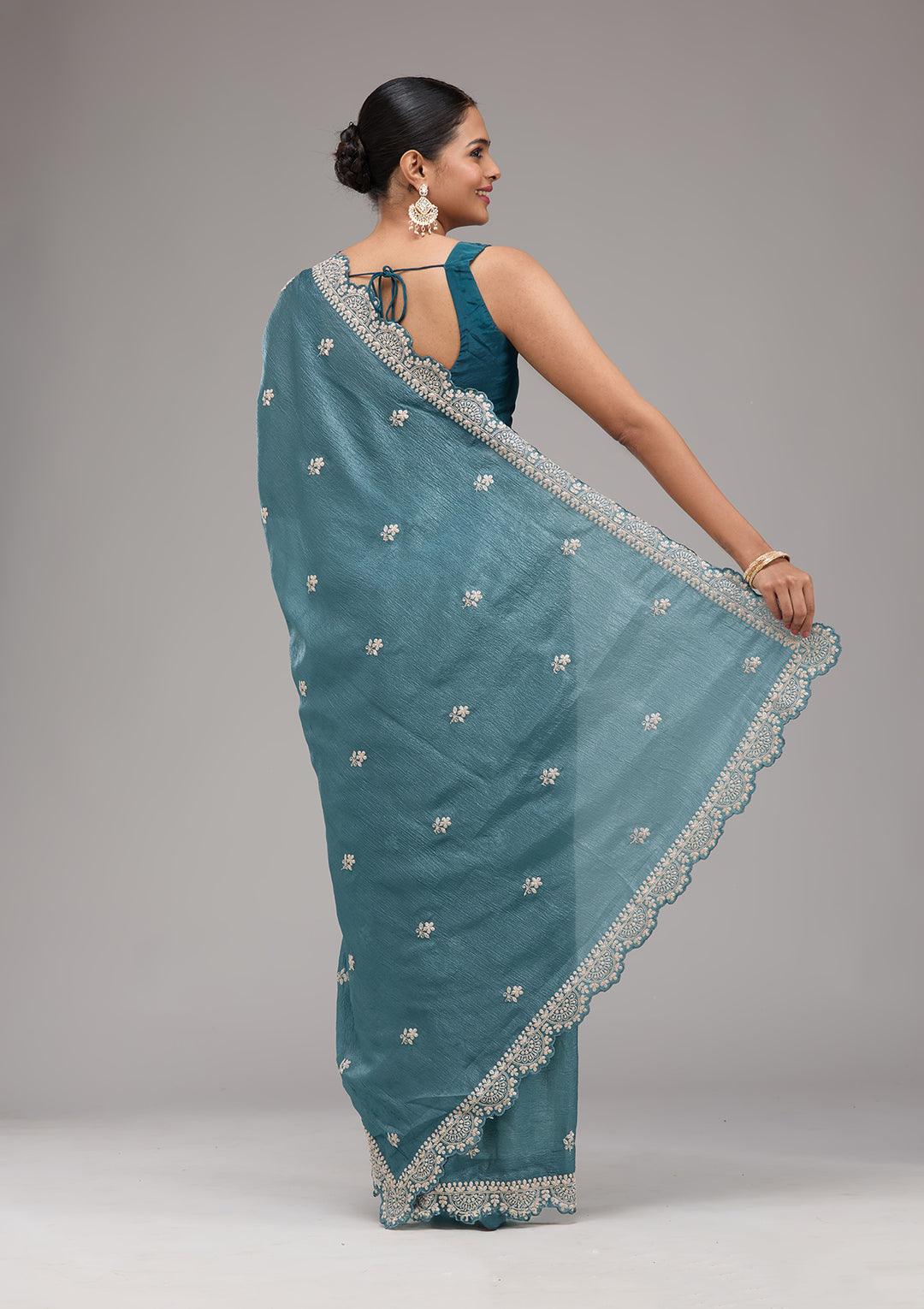 Peacock Blue Crepe Silver Zariwork Saree With Matching Blouse Piece