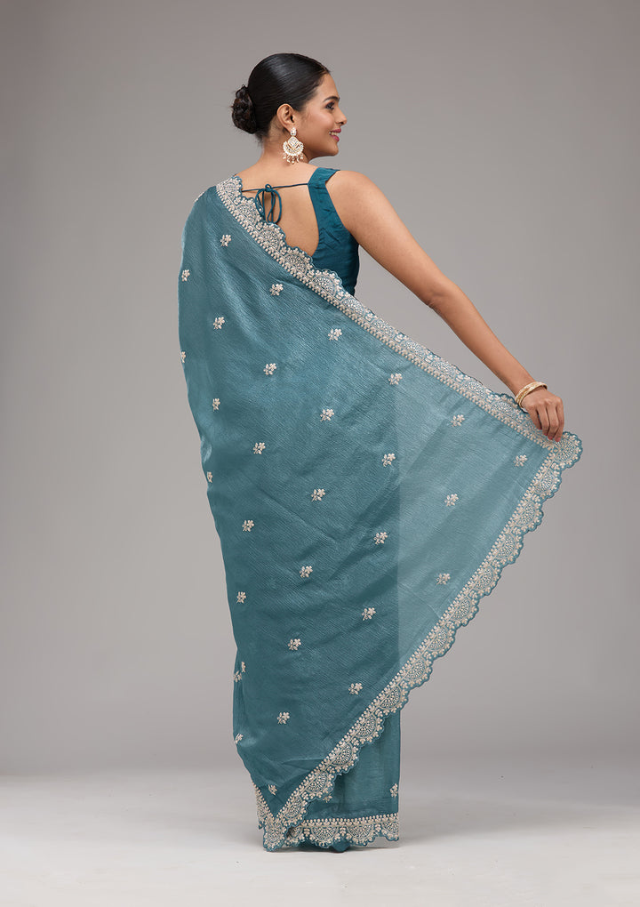 Peacock Blue Crepe Silver Zariwork Saree With Matching Blouse Piece