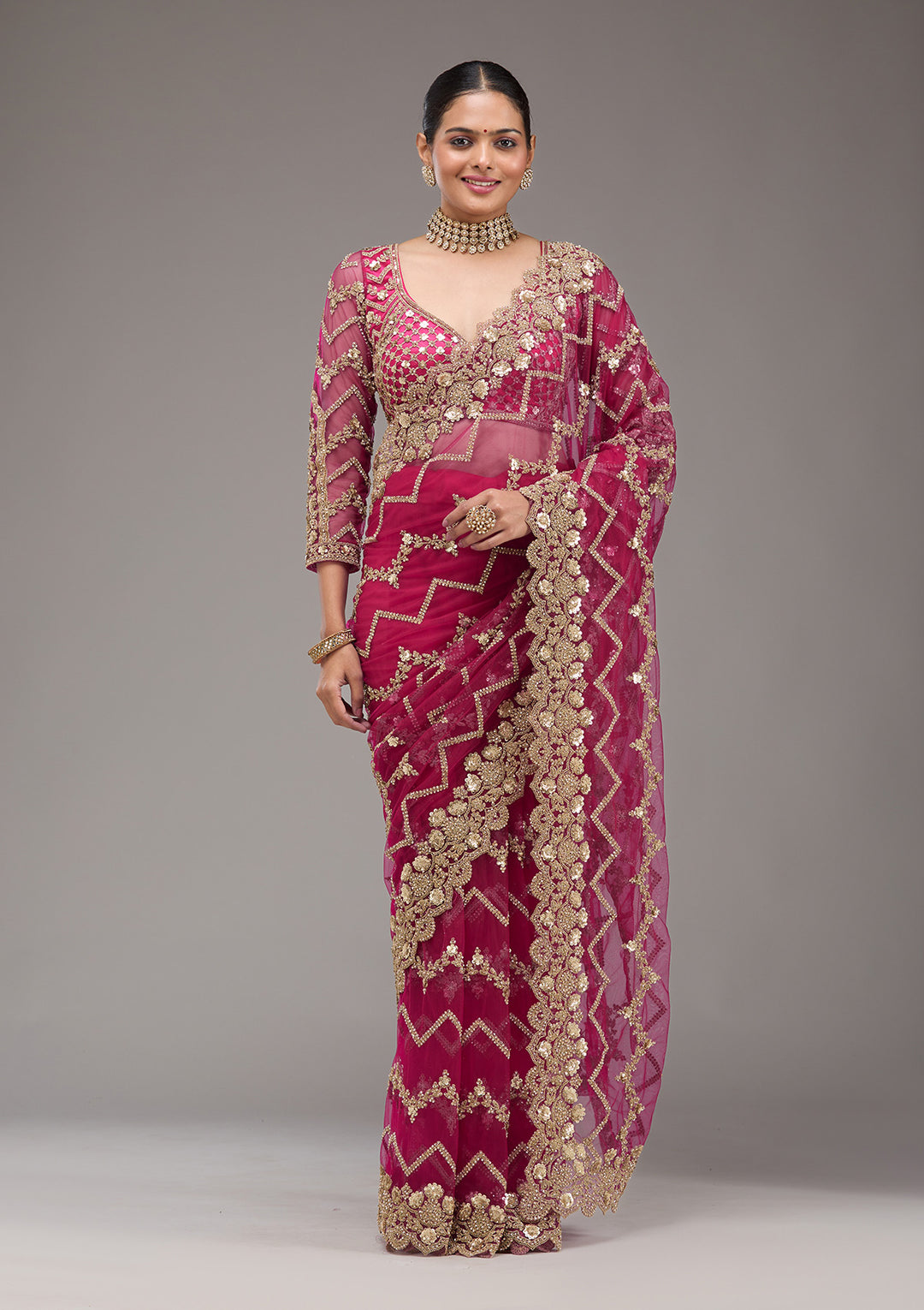 Rani Pink Net Cording Saree With Matching Blouse Piece