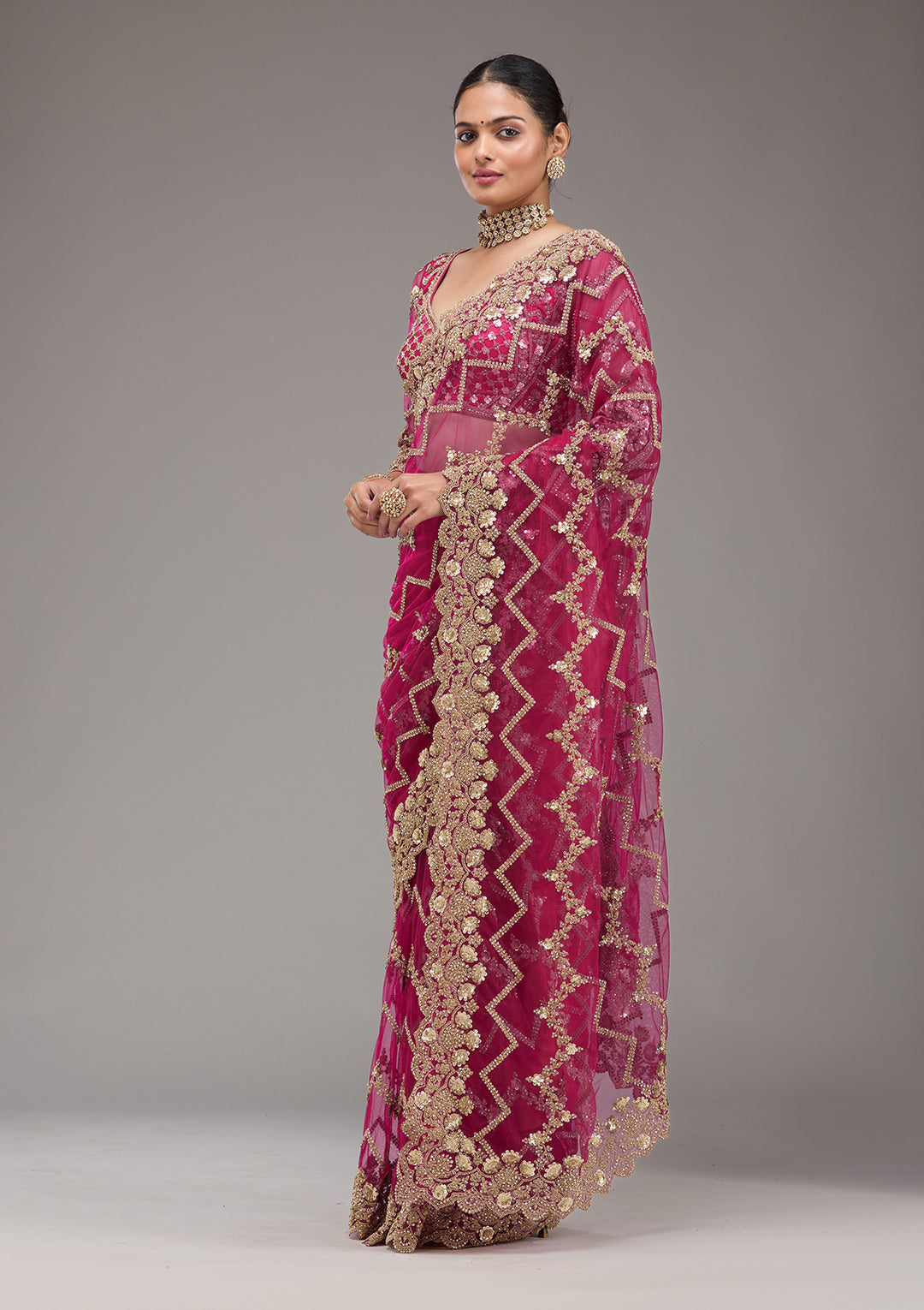 Rani Pink Net Cording Saree With Matching Blouse Piece