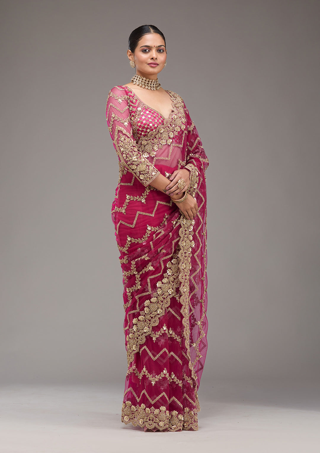 Rani Pink Net Cording Saree With Matching Blouse Piece
