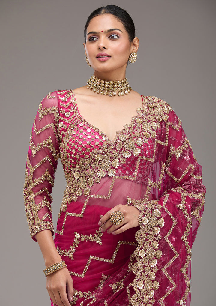 Rani Pink Net Cording Saree With Matching Blouse Piece