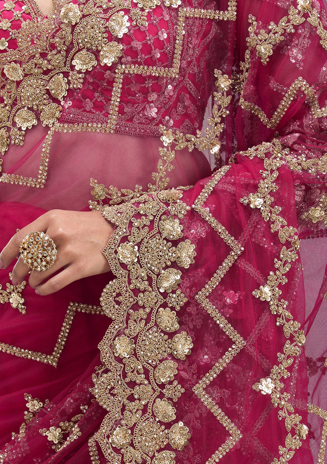 Rani Pink Net Cording Saree With Matching Blouse Piece