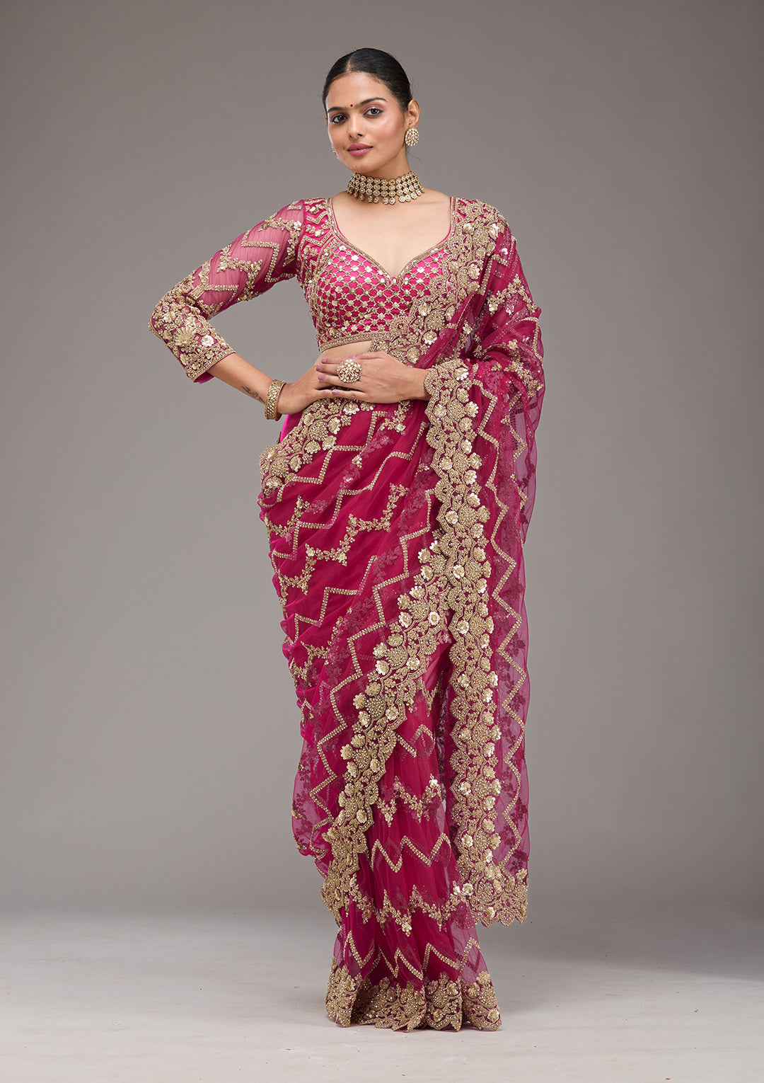 Rani Pink Net Cording Saree With Matching Blouse Piece