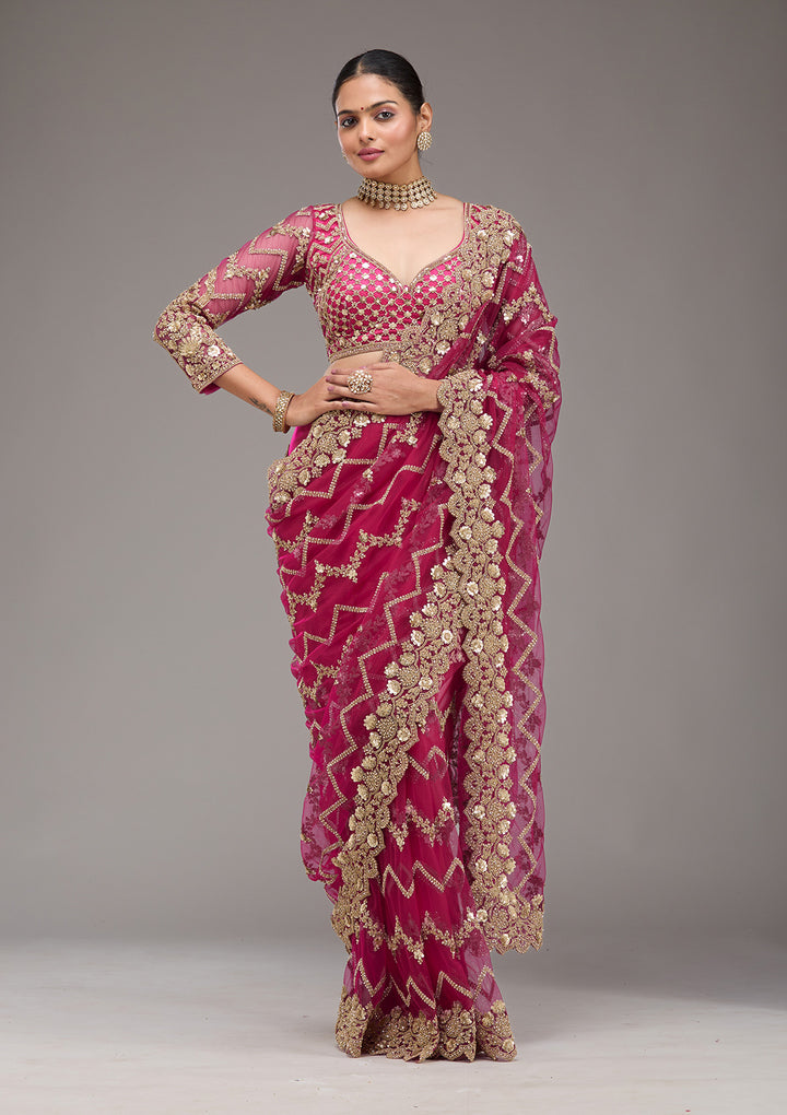 Rani Pink Net Cording Saree With Matching Blouse Piece
